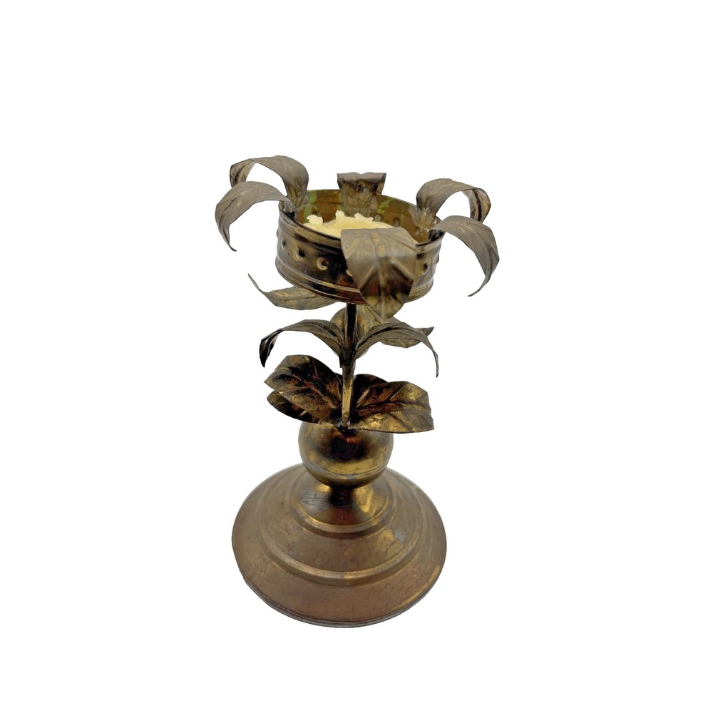 Antique Llamas Brass Candle Holder Leaf Motif Made In Mexico Decorative Art